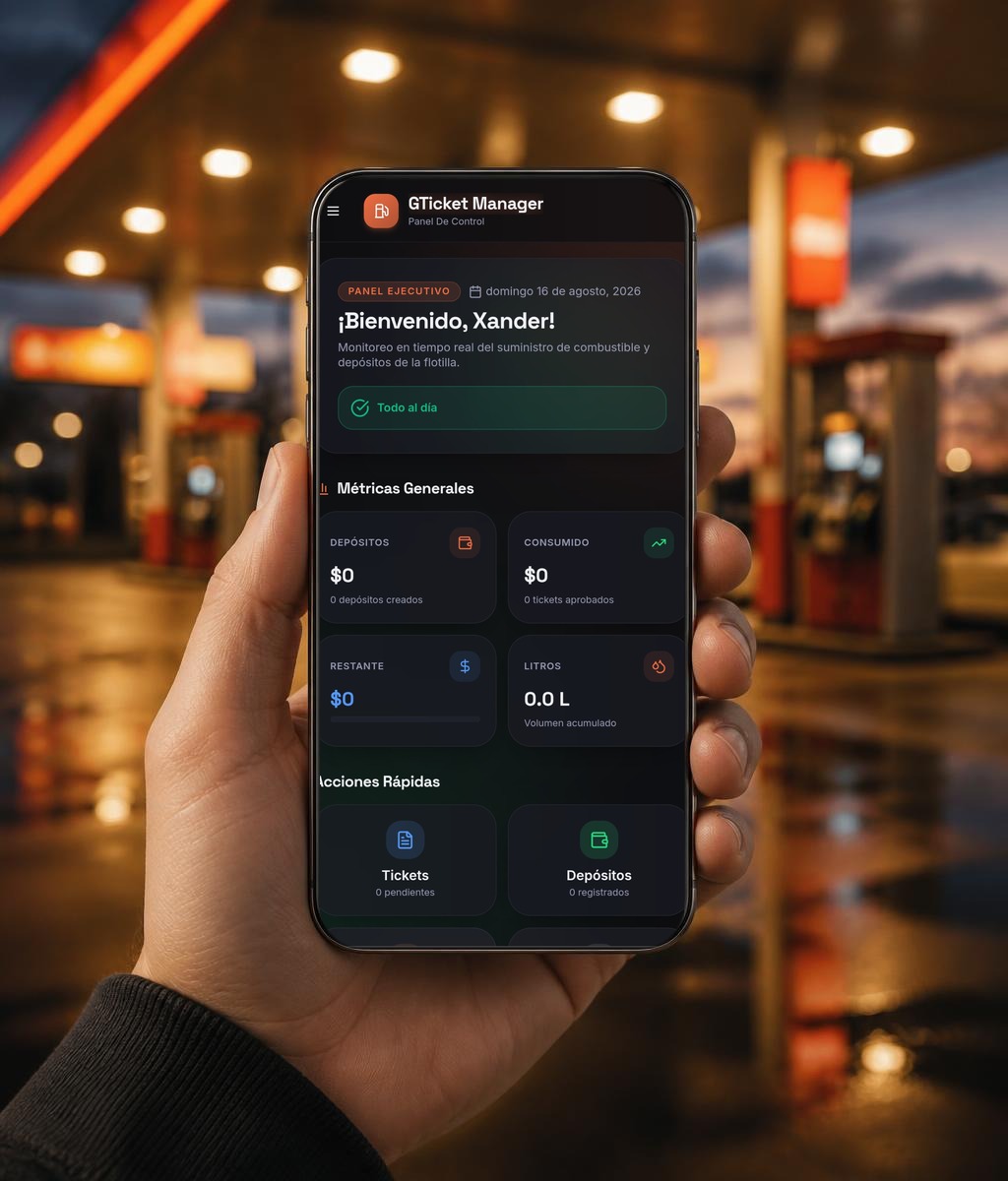 Celular mostrando el panel ejecutivo de GTicket Manager en una gasolinera